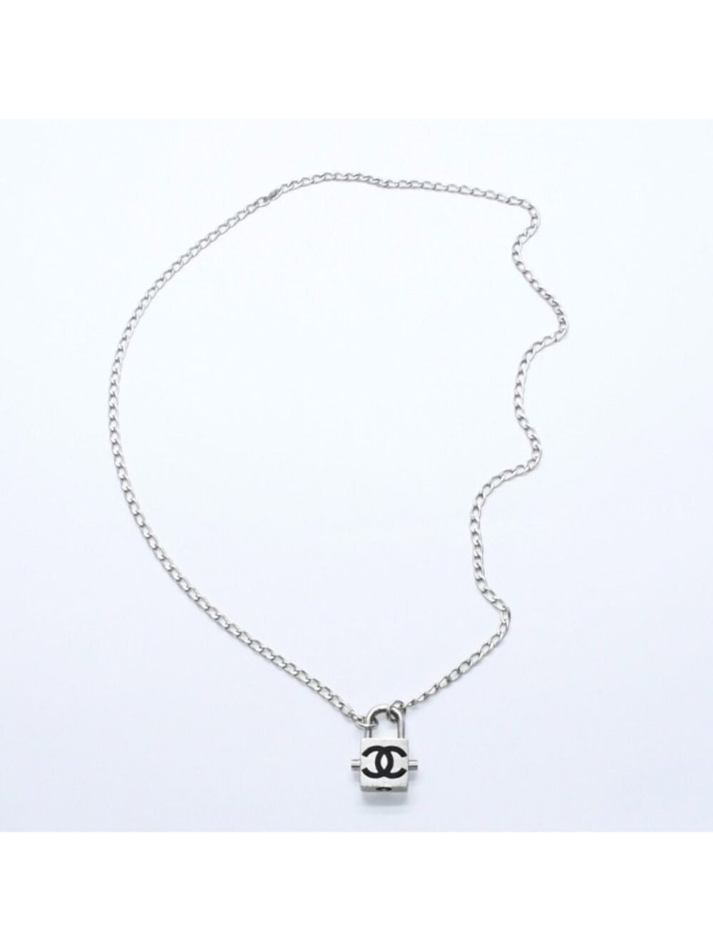 Chanel CC Logo Necklace 75 04P Stamp Silver Black Metal